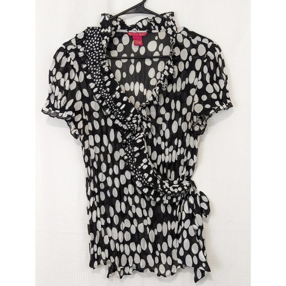 NWOT! SUNNY LEIGH! "SCRUNCHY" BLACK, TAN POLKA DOTS, RUFFLED BLOUSE, TOP! SZ L - Picture 2 of 6